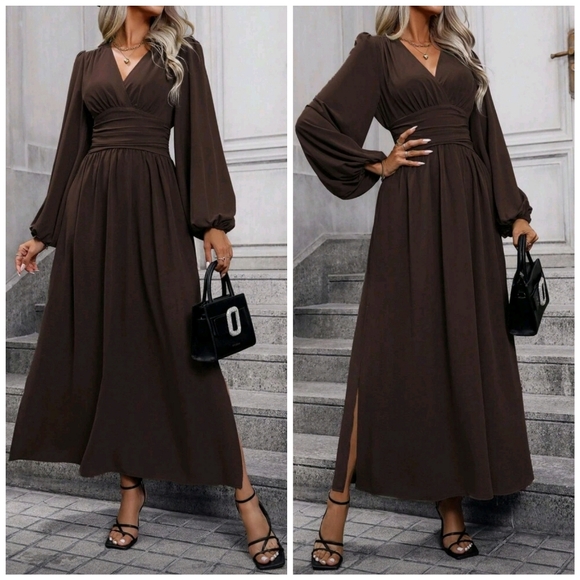 NEW Chic Ruched Waist Lantern Sleeve Maxi Dress Dark Chocolate Brown - Picture 1 of 10